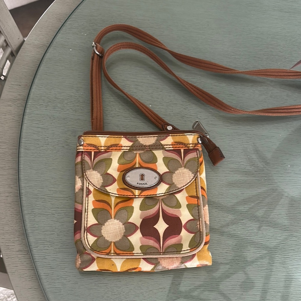 Fossil Brown Crossbody Bag with Geometric Pattern